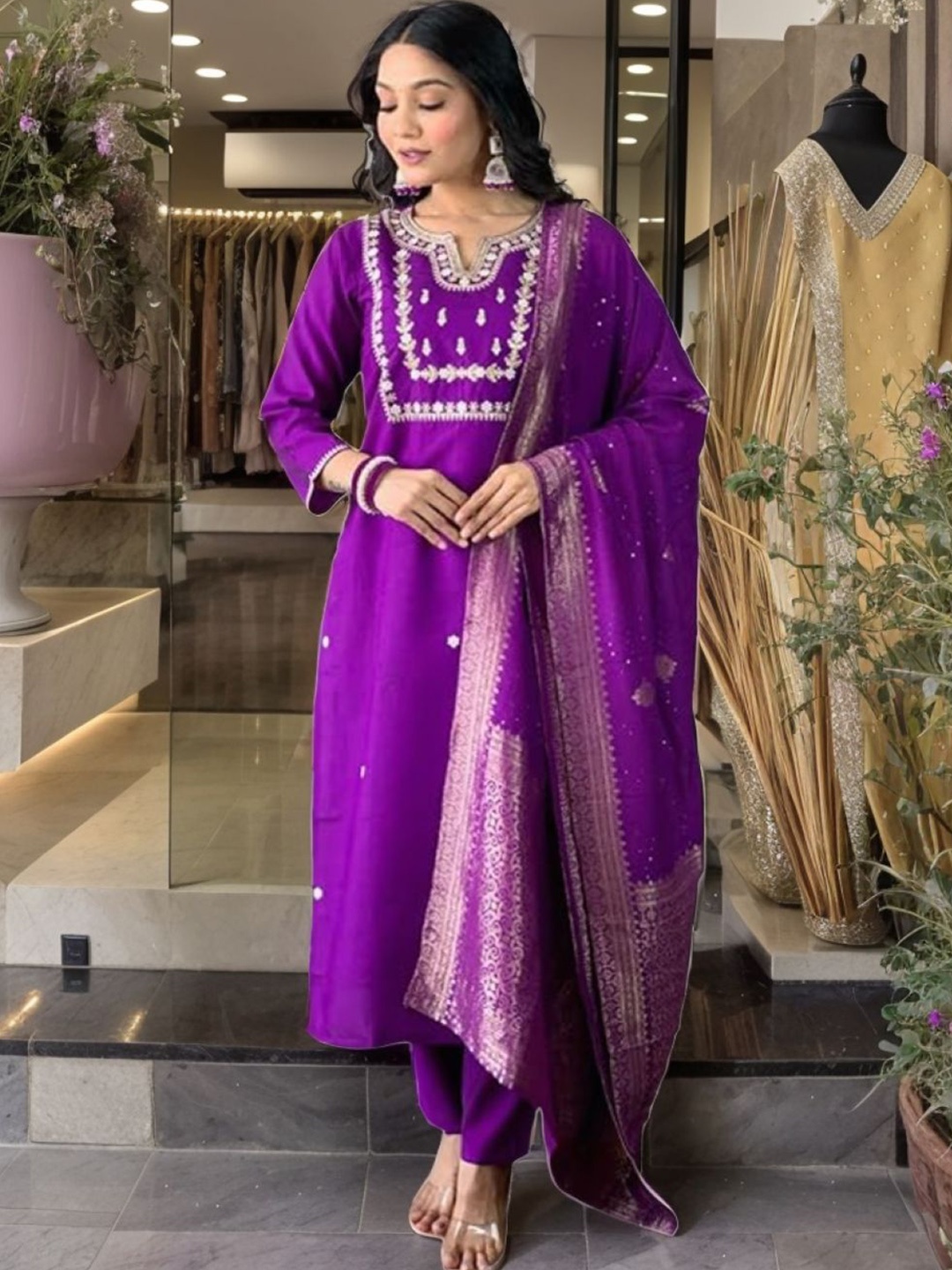 KALINI Floral Embroidered Chanderi Silk Straight Kurta With Trouser & Dupatta, Purple
KALINI Floral Embroidered Chanderi Silk Straight Kurta With Trouser & Dupatta, Purple