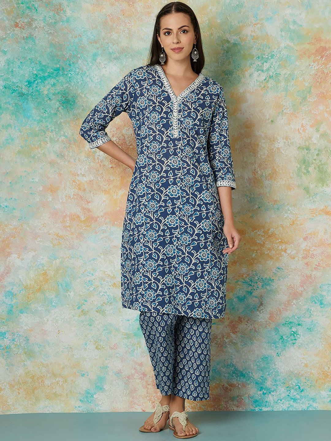 Melange by Lifestyle Floral Printed Thread Work V-Neck Pure Cotton Kurta With Trouser, Blue
Melange by Lifestyle Floral Printed Thread Work V-Neck Pure Cotton Kurta With Trouser, Blue