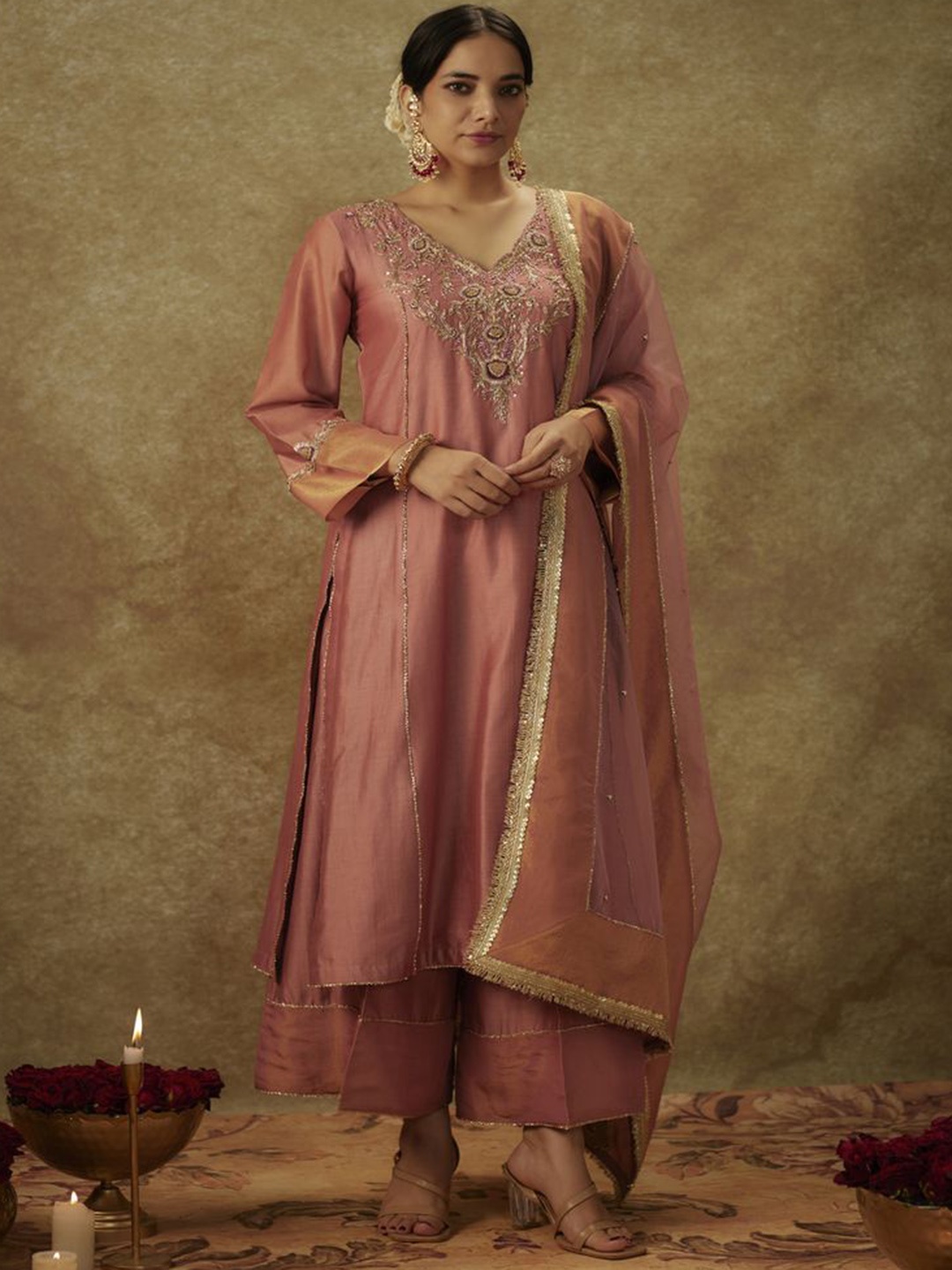 The Aarya Floral Embroidered Beads and Stones Chanderi Silk Kurta With Palazzos & Dupatta, Pink
The Aarya Floral Embroidered Beads and Stones Chanderi Silk Kurta With Palazzos & Dupatta, Pink