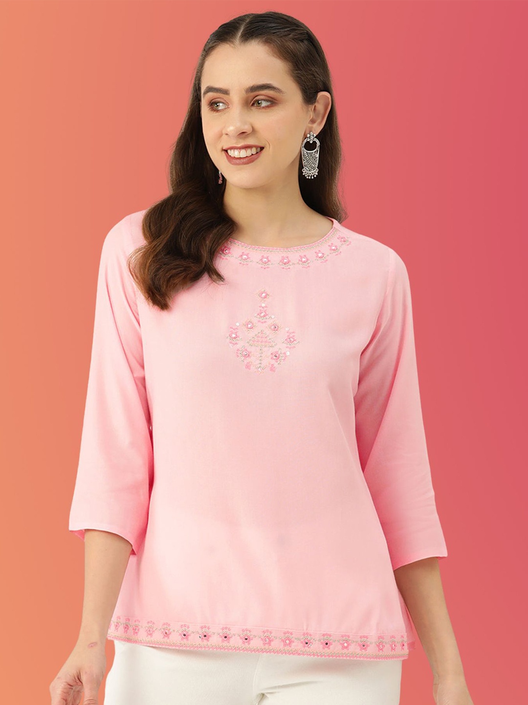 Rue Collection Ethnic Motifs Embroidered Mirror Work Pure Cotton Mirror Work Kurti, Pink
Rue Collection Ethnic Motifs Embroidered Mirror Work Pure Cotton Mirror Work Kurti, Pink