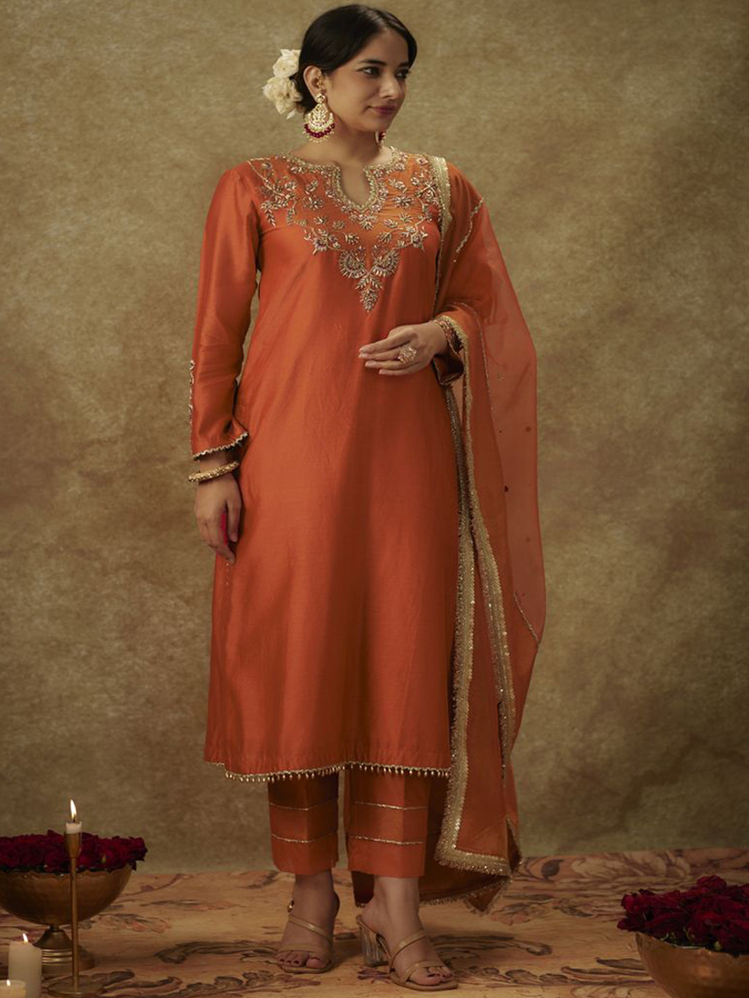 The Aarya Floral Embroidered Beads and Stones Chanderi Silk Kurta with Trousers & Dupatta, Orange
The Aarya Floral Embroidered Beads and Stones Chanderi Silk Kurta with Trousers & Dupatta, Orange
