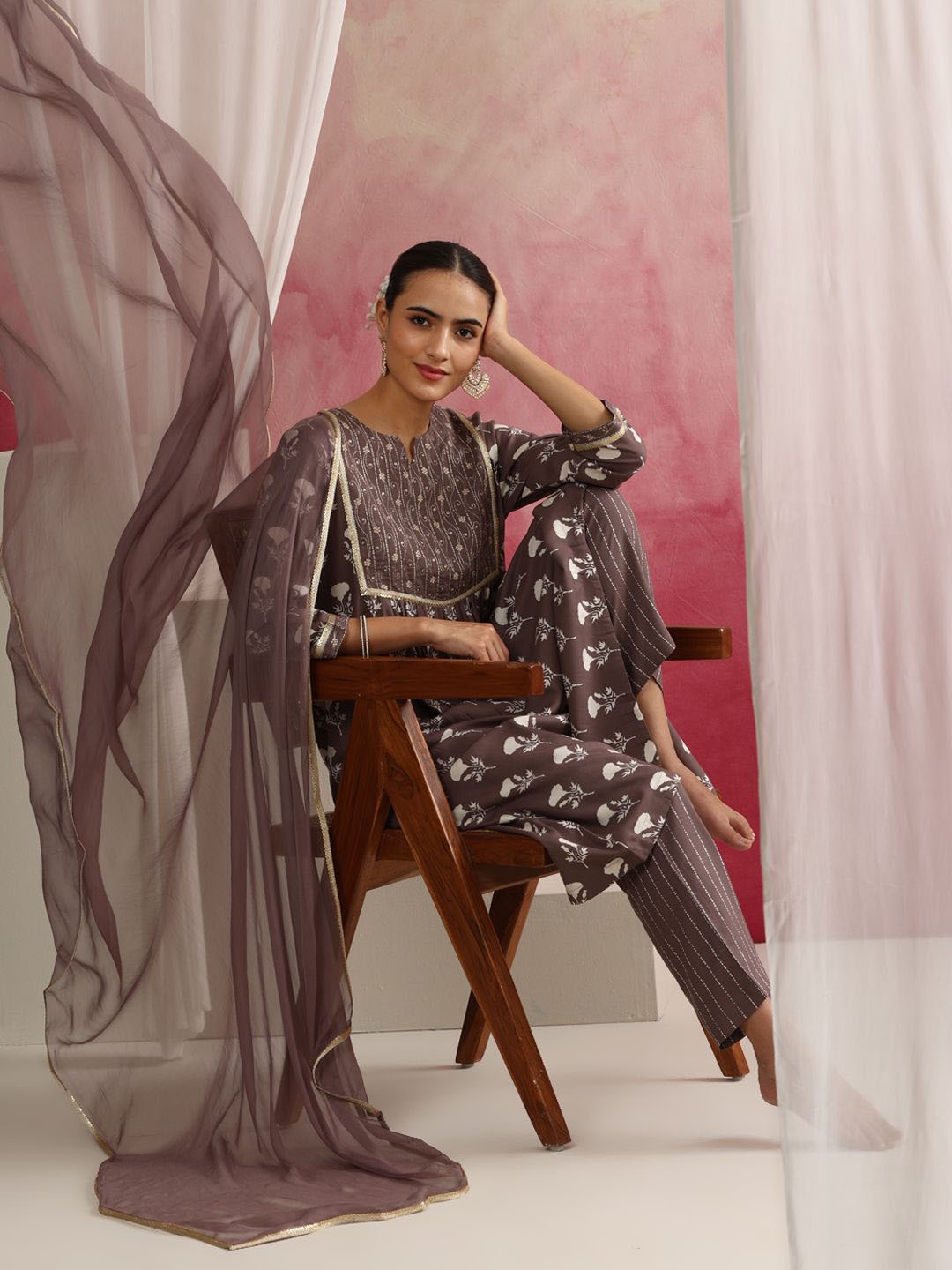 Khushal K Floral Printed Pleated Thread Work Anarkali Kurta with Palazzos & Dupatta, Brown
Khushal K Floral Printed Pleated Thread Work Anarkali Kurta with Palazzos & Dupatta, Brown