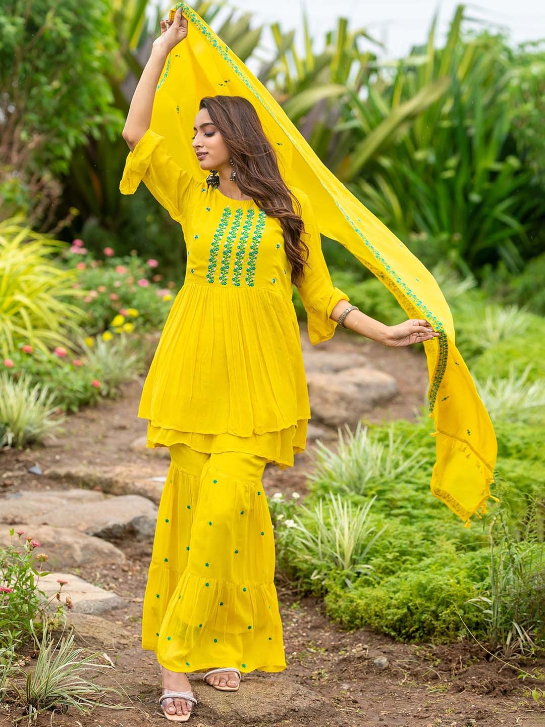 MITTOO Floral Embroidered Thread Work Georgette A-Line Kurta With Sharara & Dupatta, Yellow
MITTOO Floral Embroidered Thread Work Georgette A-Line Kurta With Sharara & Dupatta, Yellow