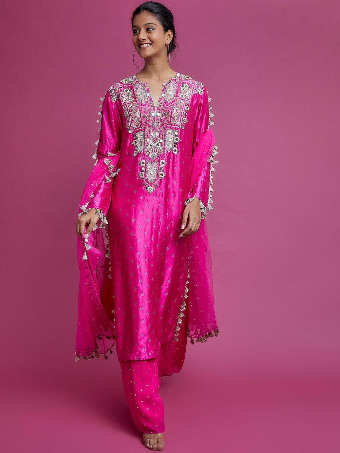 Payal Singhal Yoke Design Mirror Work Pure Silk Straight Kurta with Palazzos & Dupatta, Pink
Payal Singhal Yoke Design Mirror Work Pure Silk Straight Kurta with Palazzos & Dupatta, Pink