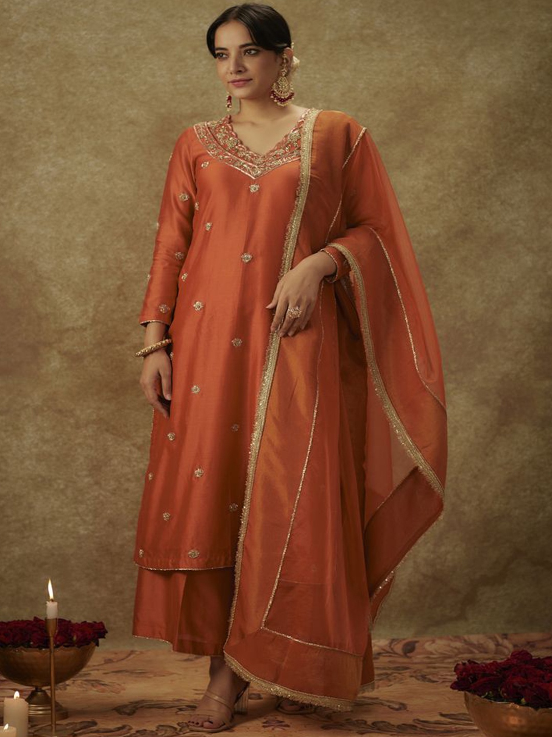 The Aarya Ethnic Motifs Embroidered Zari Chanderi Silk Kurta With Palazzos & Dupatta, Orange
The Aarya Ethnic Motifs Embroidered Zari Chanderi Silk Kurta With Palazzos & Dupatta, Orange