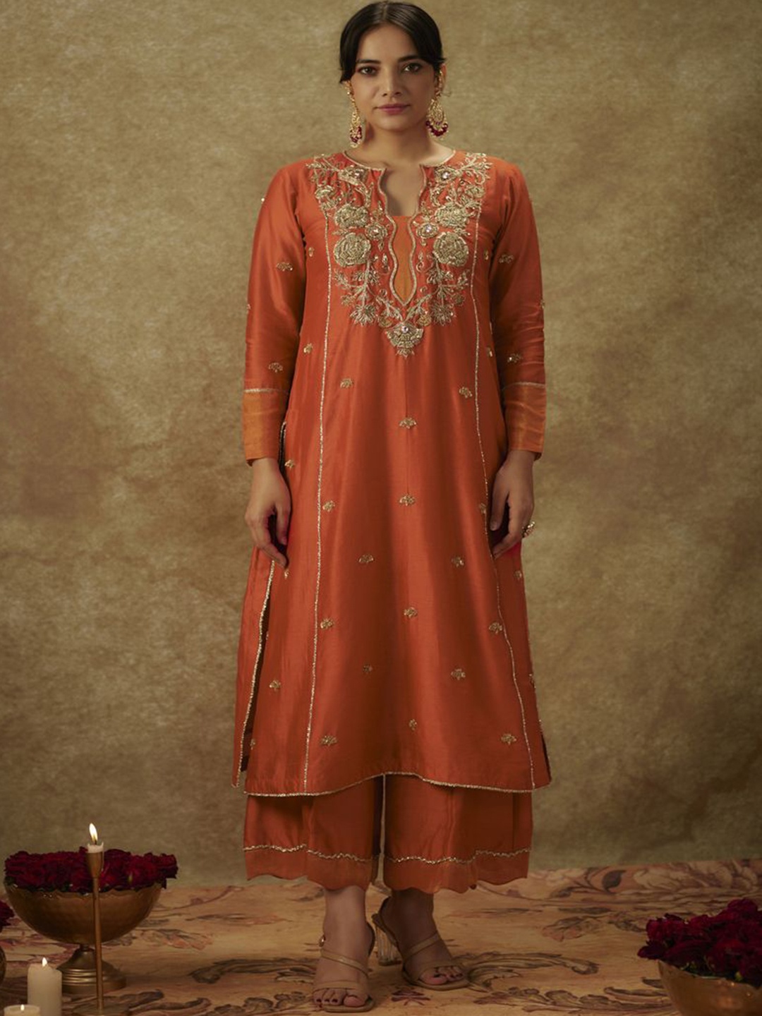 The Aarya Floral Embroidered Beads and Stones Chanderi Silk Kurta With Palazzos & Dupatta, Orange
The Aarya Floral Embroidered Beads and Stones Chanderi Silk Kurta With Palazzos & Dupatta, Orange