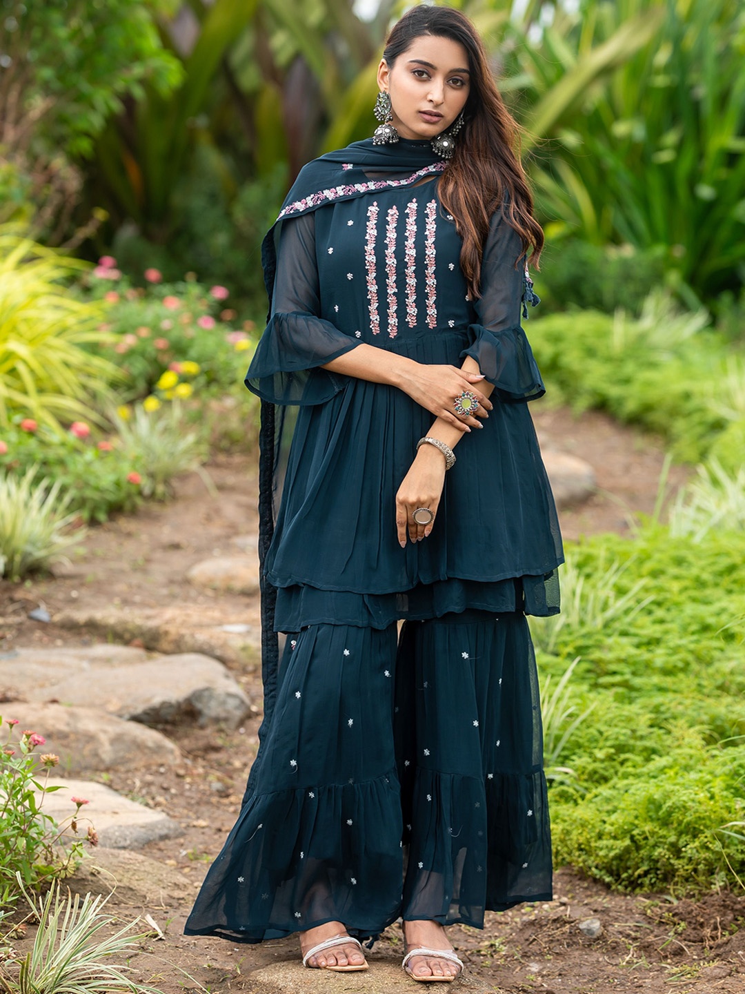 MITTOO Floral Embroidered Pleated Thread Work Pure Georgette Kurta With Sharara & Dupatta, Green
MITTOO Floral Embroidered Pleated Thread Work Pure Georgette Kurta With Sharara & Dupatta, Green