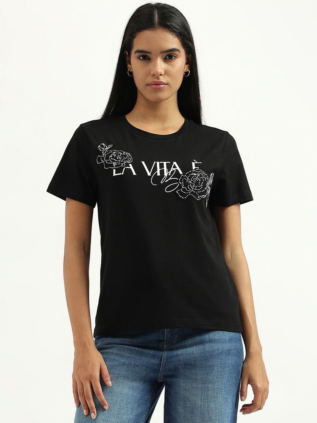 United Colors of Benetton Women Typography Printed Round Neck Pure Cotton T-shirt, Black
United Colors of Benetton Women Typography Printed Round Neck Pure Cotton T-shirt, Black