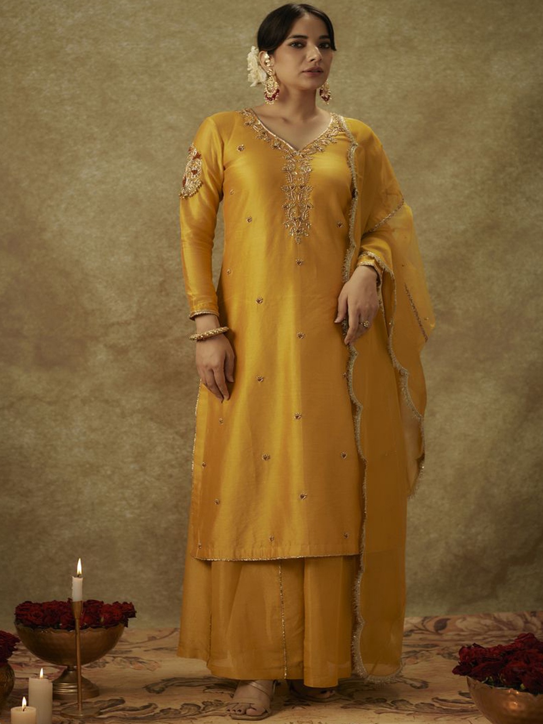 The Aarya Ethnic Motifs Embroidered Regular Chanderi Silk Kurta With Palazzos & Dupatta, Yellow
The Aarya Ethnic Motifs Embroidered Regular Chanderi Silk Kurta With Palazzos & Dupatta, Yellow