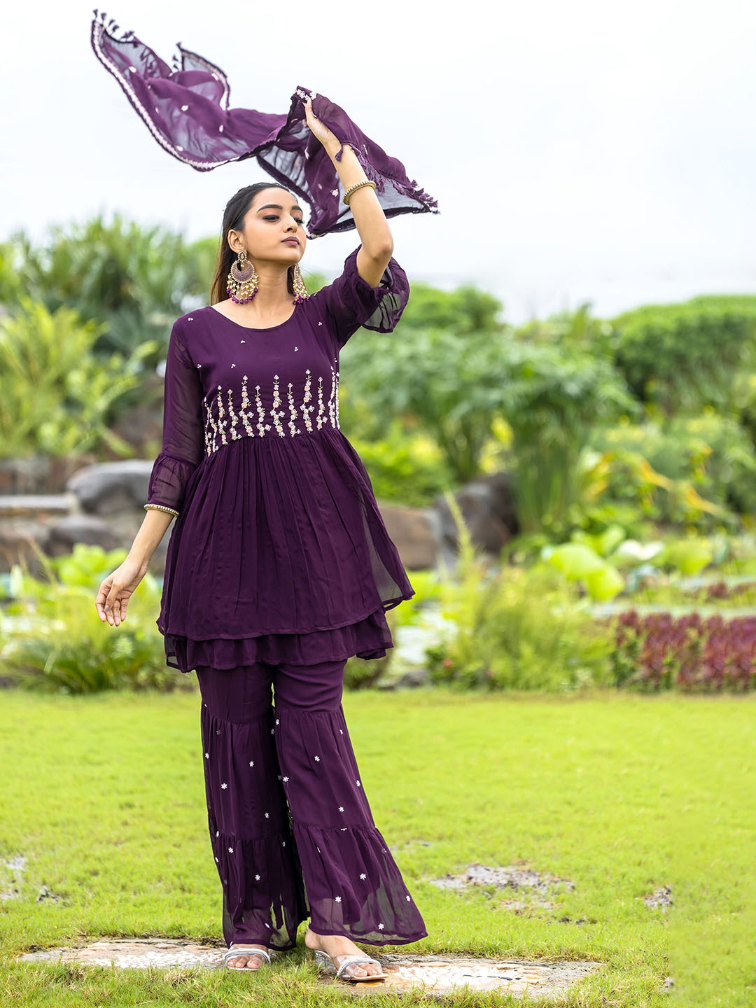 MITTOO Floral Embroidered Pleated Thread Work Pure Georgette Kurta With Sharara & Dupatta, Maroon
MITTOO Floral Embroidered Pleated Thread Work Pure Georgette Kurta With Sharara & Dupatta, Maroon