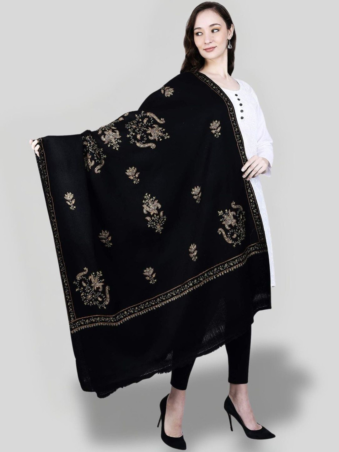 SWI Stylish Floral Embroidered Pure Woollen Shawl, Black 
SWI Stylish Floral Embroidered Pure Woollen Shawl, Black