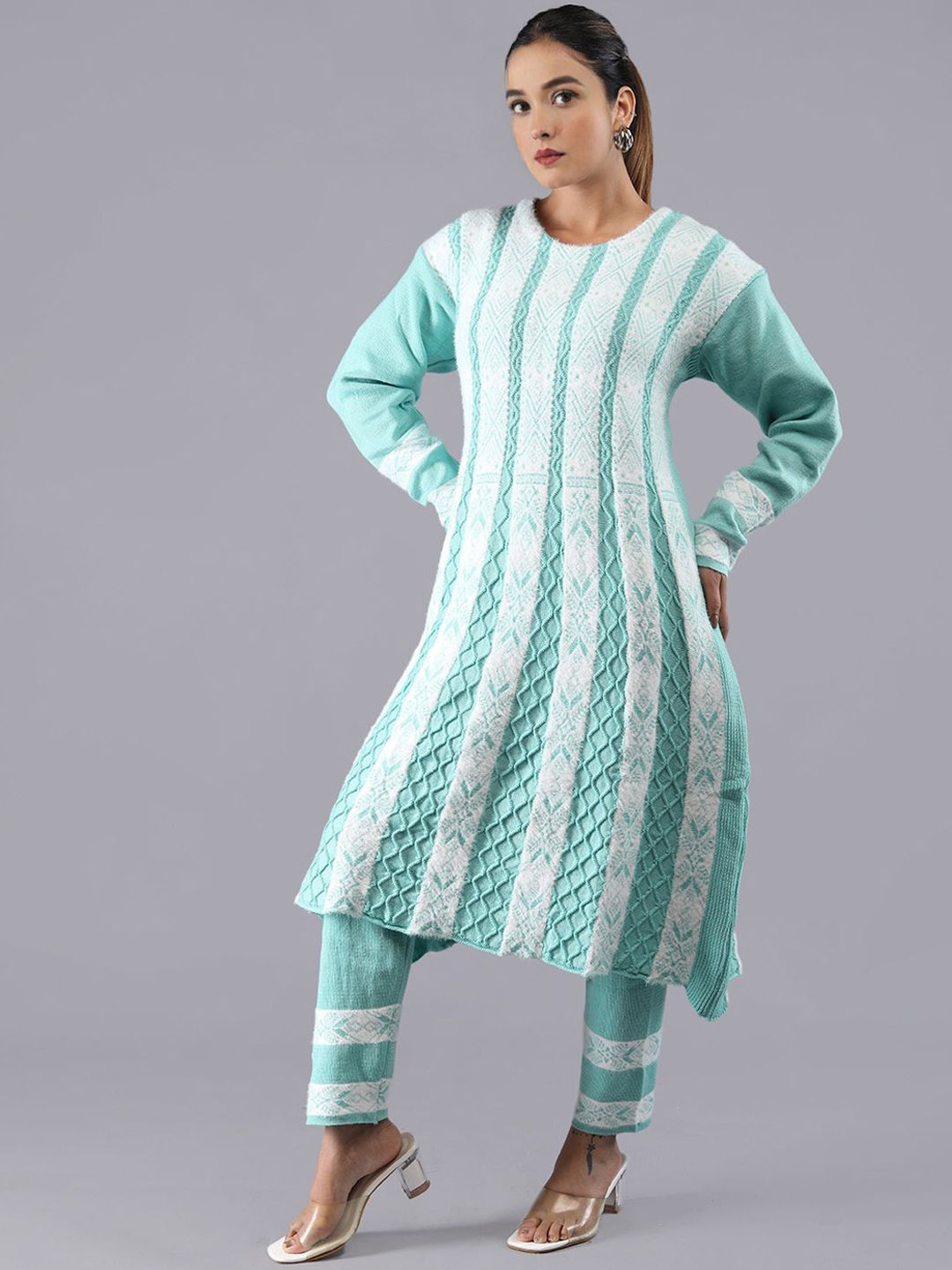 TYSORT Ethnic Motifs Woven Design Knitted Weave A-Line Kurta With Trouser, Sea green
TYSORT Ethnic Motifs Woven Design Knitted Weave A-Line Kurta With Trouser, Sea green