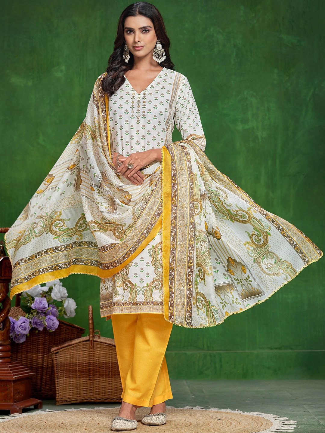 Sangria Paisley Printed V-Neck Pure Cotton Straight Kurta With Trouser & Dupatta, Yellow
Sangria Paisley Printed V-Neck Pure Cotton Straight Kurta With Trouser & Dupatta, Yellow
