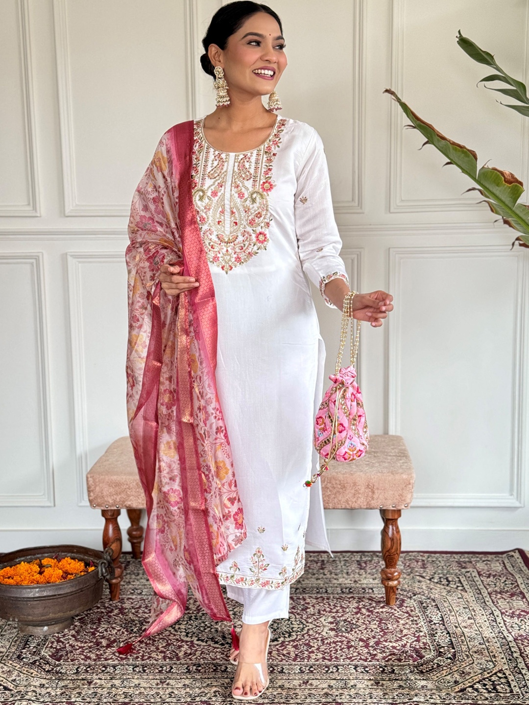 KALINI Floral Embroidered Chanderi Silk Straight Kurta With Trousers & Dupatta, White
KALINI Floral Embroidered Chanderi Silk Straight Kurta With Trousers & Dupatta, White