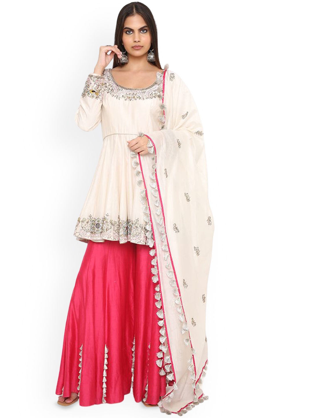 Payal Singhal Floral Embroidered Thread Work Anarkali Kurti With Palazzos & Dupatta, Off white
Payal Singhal Floral Embroidered Thread Work Anarkali Kurti With Palazzos & Dupatta, Off white