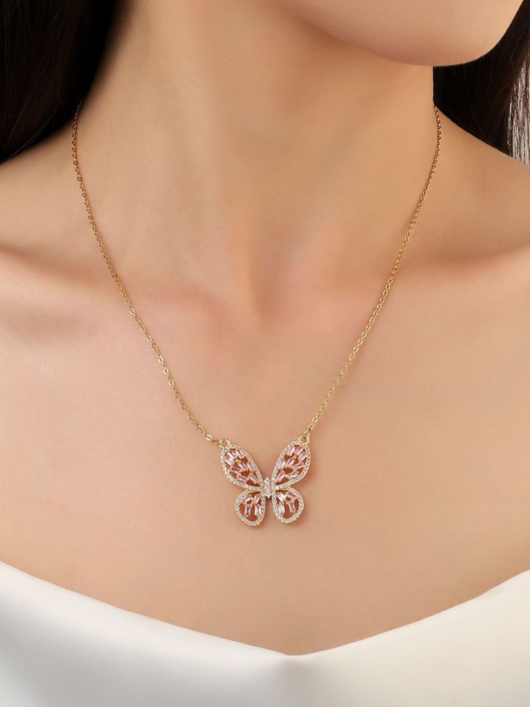 SALTY Irene Baguette Stainless Steel Stones Studded Butterfly Pendant With Chain, Gold
SALTY Irene Baguette Stainless Steel Stones Studded Butterfly Pendant With Chain, Gold