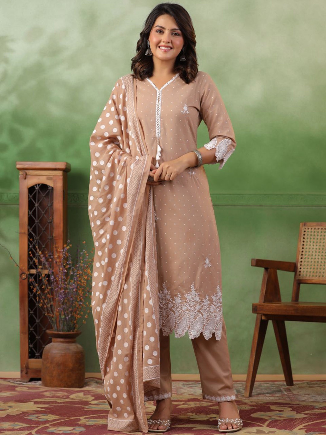 KALINI Polka Dot Printed V-Neck Pure Cotton Straight Kurta With Trousers & Dupatta, Brown
KALINI Polka Dot Printed V-Neck Pure Cotton Straight Kurta With Trousers & Dupatta, Brown