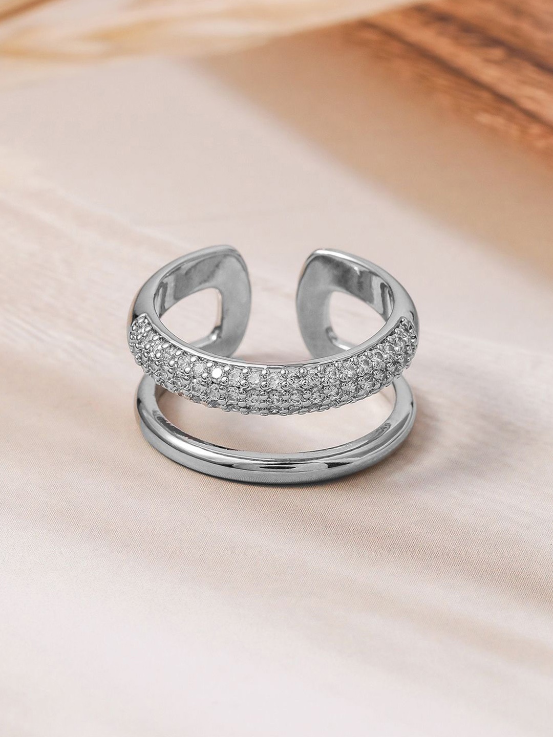 Rubans Rhodium Plated Cubic Zirconia Studded Double Band Adjustable Statement Finger Ring, Silver
Rubans Rhodium Plated Cubic Zirconia Studded Double Band Adjustable Statement Finger Ring, Silver