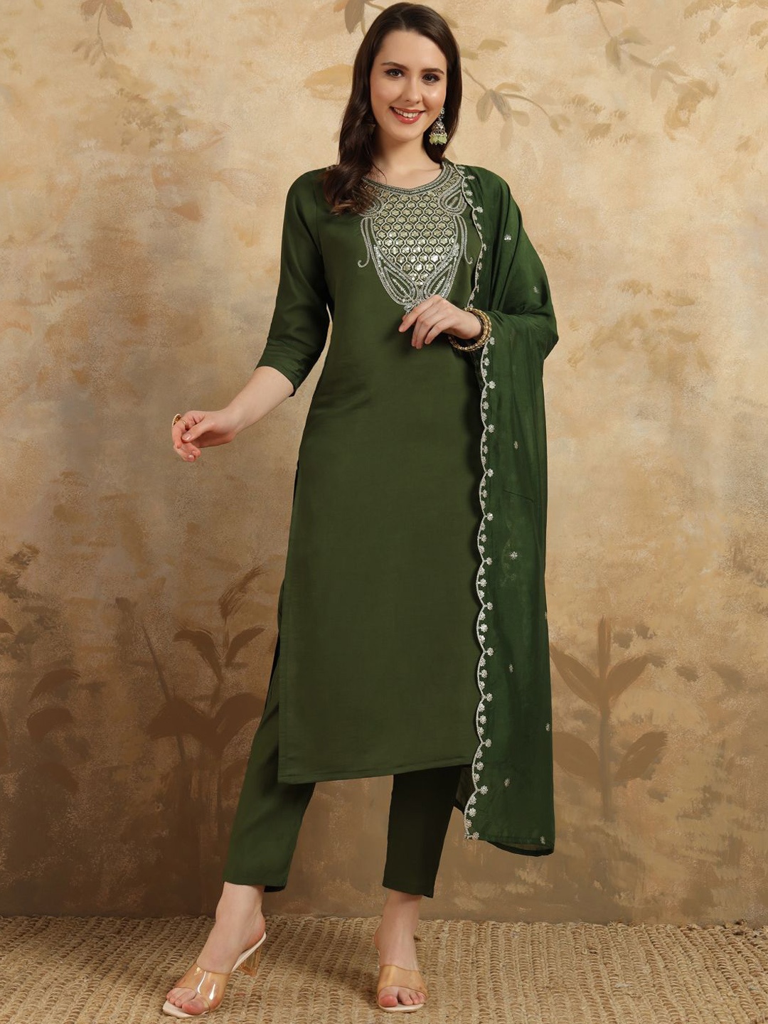 KALINI Floral Yoke Design Sequinned Chanderi Silk Straight Kurta With Trousers & Dupatta, Olive
KALINI Floral Yoke Design Sequinned Chanderi Silk Straight Kurta With Trousers & Dupatta, Olive