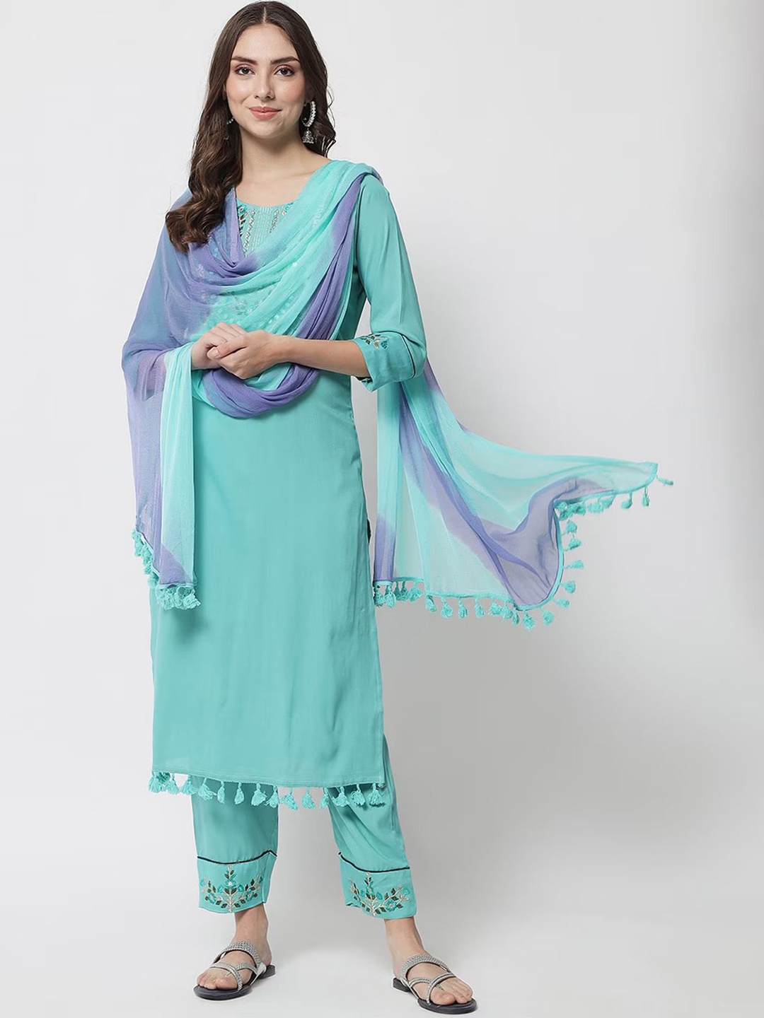 APNISHA Floral Yoke Design Regular Mirror Work Straight Kurta With Trousers & Dupatta, Turquoise blue
APNISHA Floral Yoke Design Regular Mirror Work Straight Kurta With Trousers & Dupatta, Turquoise blue