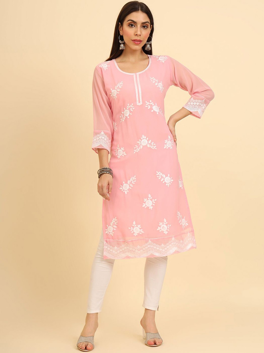 VAIRAGEE Women Embroidered Keyhole Neck Flared Sleeves Thread Work Georgette Kurta, Pink
VAIRAGEE Women Embroidered Keyhole Neck Flared Sleeves Thread Work Georgette Kurta, Pink