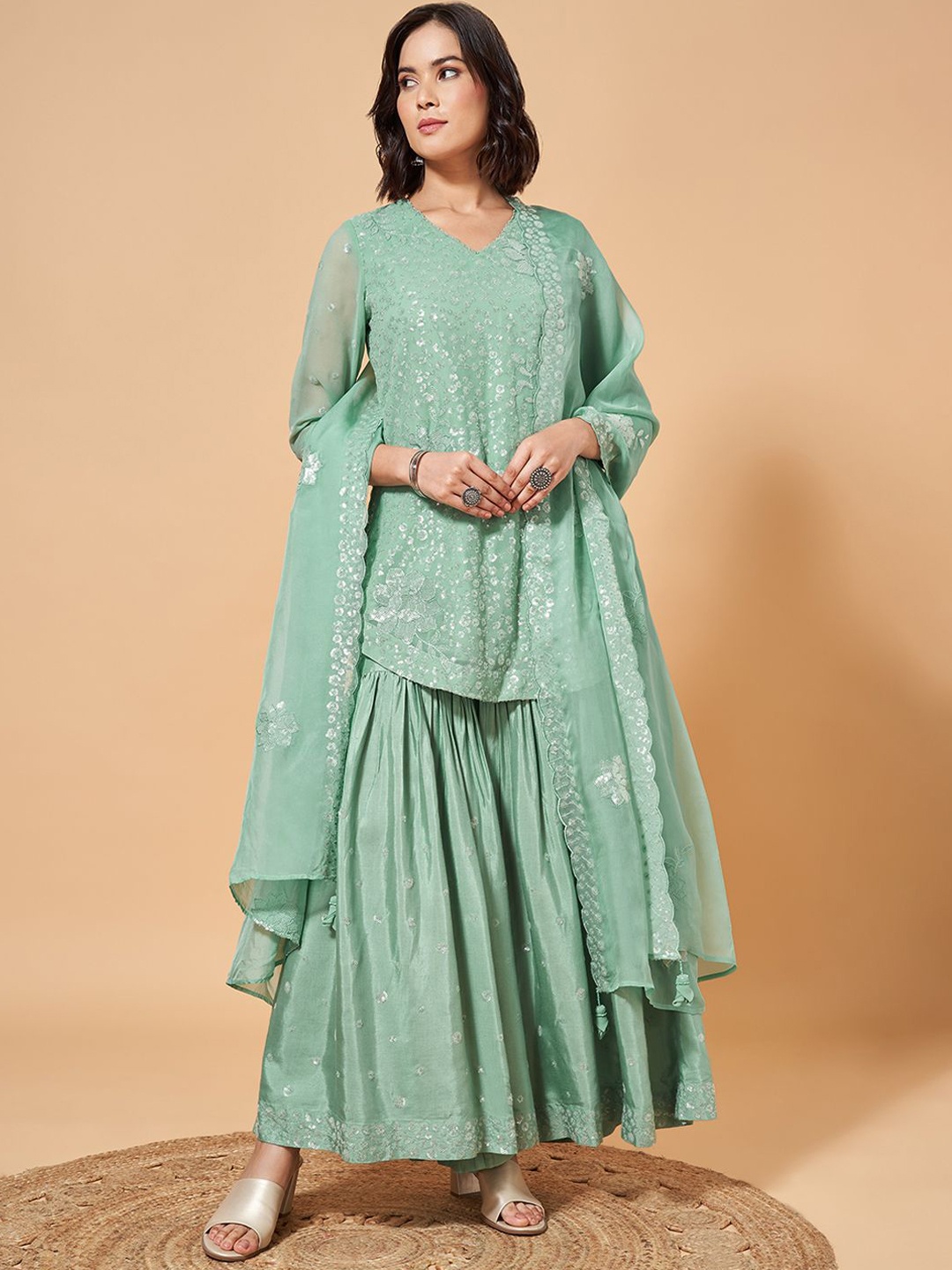 Marigold Lane Embroidered Sequinned V-Neck A-Line Kurti With Sharara & Dupatta, Green
Marigold Lane Embroidered Sequinned V-Neck A-Line Kurti With Sharara & Dupatta, Green
