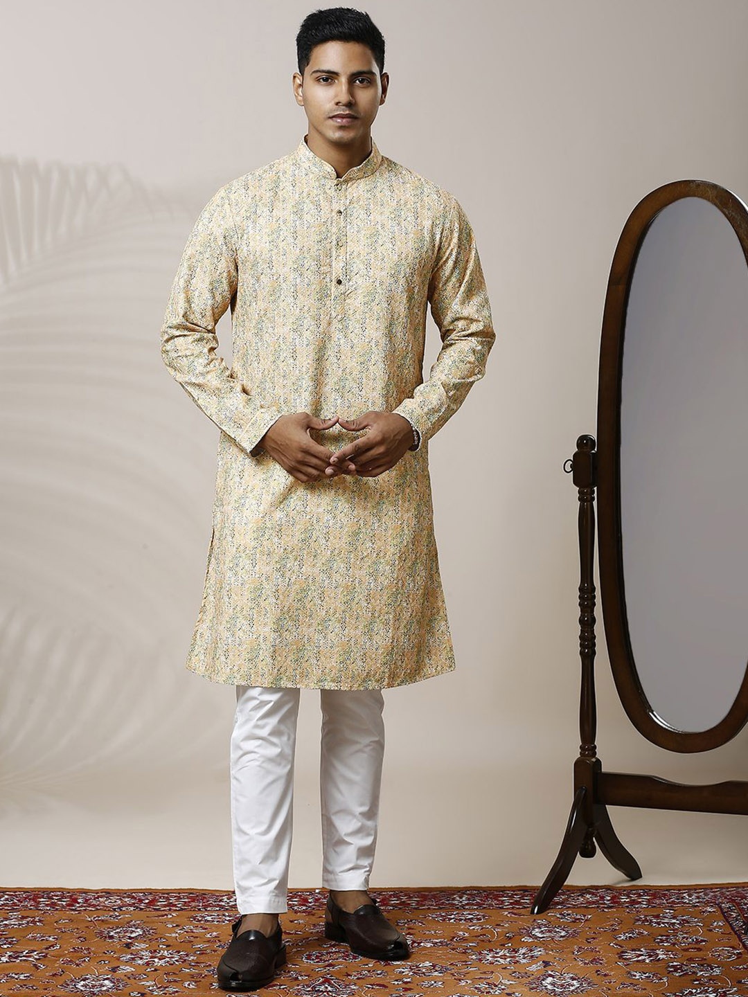 Be Desi Abstract Printed Thread Work Mandarin Collar Straight Kurta with Pyjamas, Yellow
Be Desi Abstract Printed Thread Work Mandarin Collar Straight Kurta with Pyjamas, Yellow