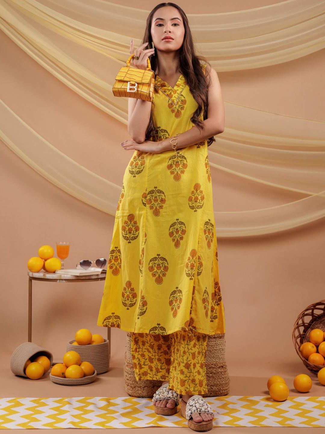 Yufta Ethnic Motifs Printed Panelled Gotta Patti Pure Cotton Kurta With Trousers & Dupatta, Mustard
Yufta Ethnic Motifs Printed Panelled Gotta Patti Pure Cotton Kurta With Trousers & Dupatta, Mustard