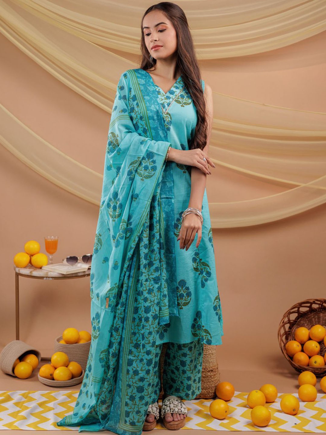 Yufta Floral Printed Panelled Gotta Patti Pure Cotton Kurta With Trousers & Dupatta, Blue
Yufta Floral Printed Panelled Gotta Patti Pure Cotton Kurta With Trousers & Dupatta, Blue