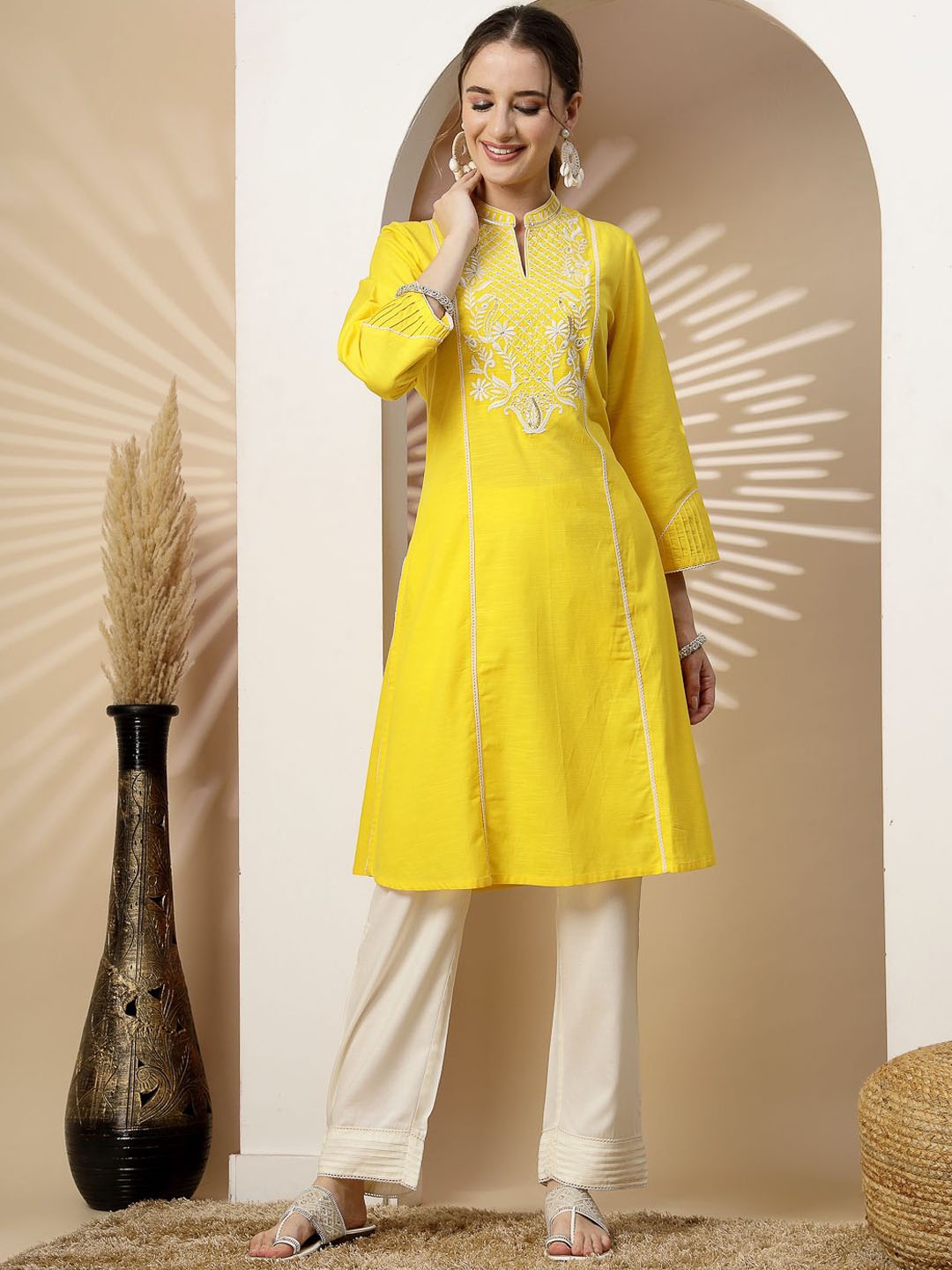 Nayam By Lakshita Floral Embroidered Mandarin Collar Straight Kurta with Trousers, Yellow
Nayam By Lakshita Floral Embroidered Mandarin Collar Straight Kurta with Trousers, Yellow