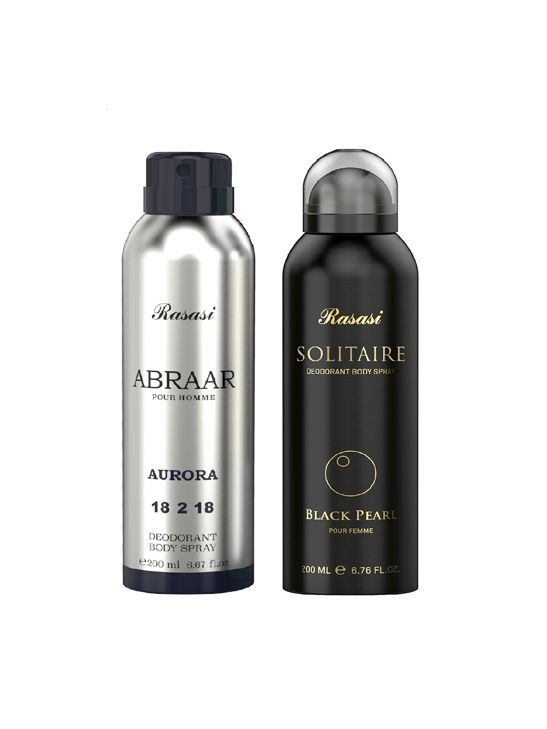 Rasasi Set Of 2 Abraar Aurora & Solitaire Black Peral Deodorant Body Spray- 200ml Each, Silver
Rasasi Set Of 2 Abraar Aurora & Solitaire Black Peral Deodorant Body Spray- 200ml Each, Silver