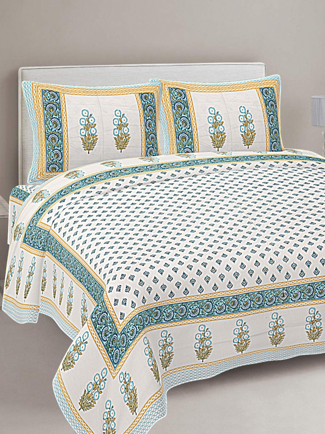 FrionKandy Living Turquoise Blue Printed Cotton 180 TC King Bedsheet With 2 Pillow Covers
FrionKandy Living Turquoise Blue Printed Cotton 180 TC King Bedsheet With 2 Pillow Covers