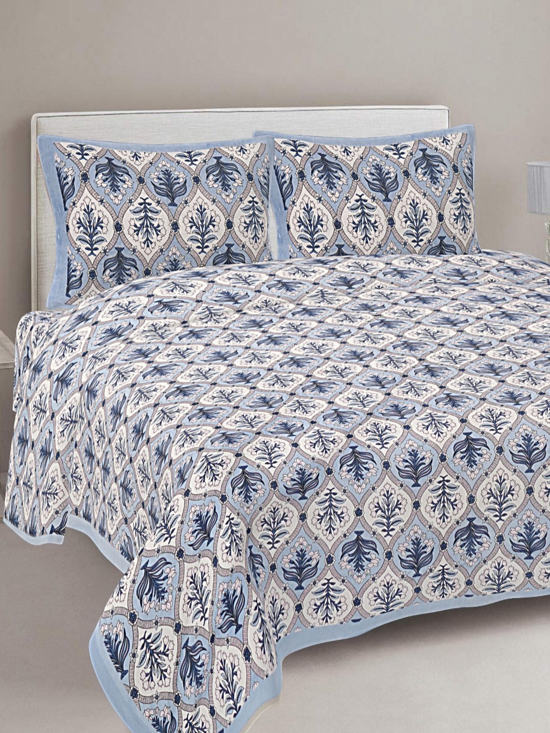FrionKandy Living Blue & White Printed Cotton 180 TC King Bedsheet With 2 Pillow Covers
FrionKandy Living Blue & White Printed Cotton 180 TC King Bedsheet With 2 Pillow Covers