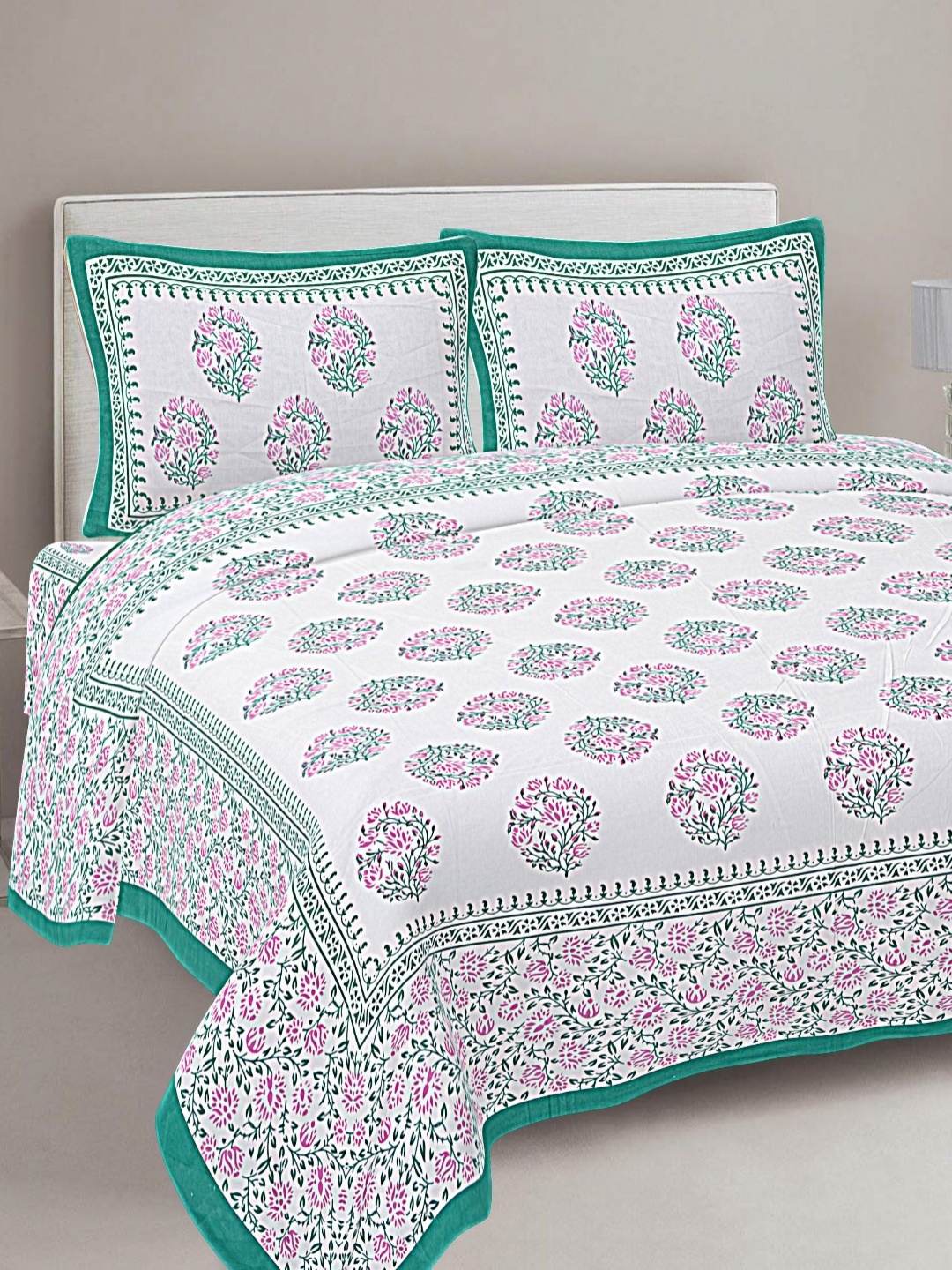 FrionKandy Living Turquoise Blue Printed Cotton 180 TC King Bedsheet With 2 Pillow Covers
FrionKandy Living Turquoise Blue Printed Cotton 180 TC King Bedsheet With 2 Pillow Covers