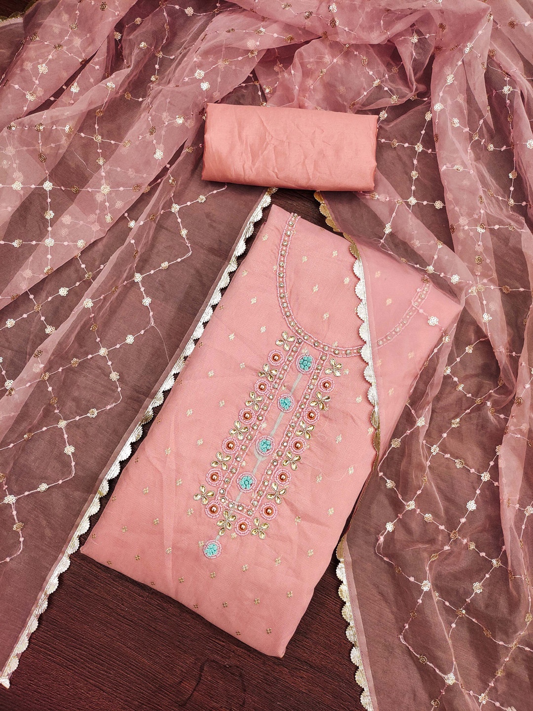KALINI Floral Embellished Beads and Stones Detail Organza Unstitched Dress Material, Pink
KALINI Floral Embellished Beads and Stones Detail Organza Unstitched Dress Material, Pink