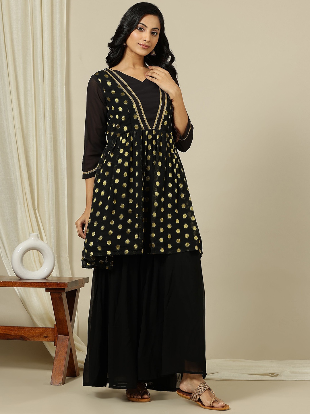 Inddus Polka Dot Embroidered V-Neck Pleated Georgette A-Line Kurta With Sharara, Black
Inddus Polka Dot Embroidered V-Neck Pleated Georgette A-Line Kurta With Sharara, Black