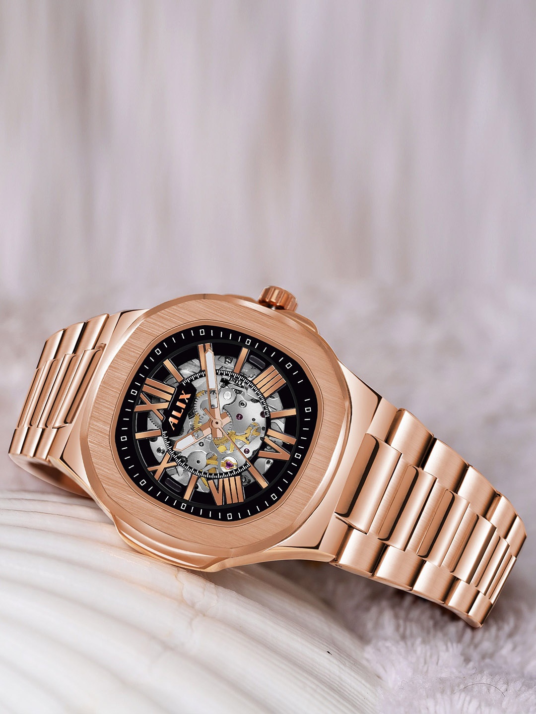 ALIX Men Brass Skeleton Dial & Stainless Steel Bracelet Style Straps Analogue Automatic Motion Powered Watch, Rose gold
ALIX Men Brass Skeleton Dial & Stainless Steel Bracelet Style Straps Analogue Automatic Motion Powered Watch, Rose gold