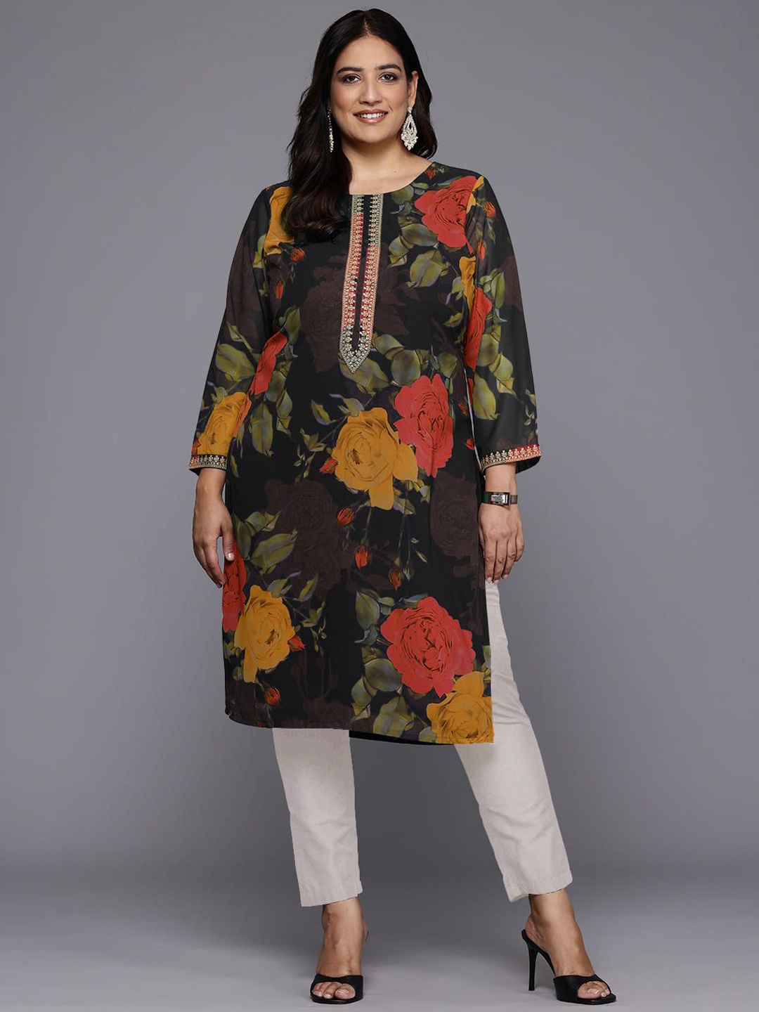 A PLUS BY AHALYAA Plus Size Floral Printed Round Neck Georgette Straight Kurta, Black
A PLUS BY AHALYAA Plus Size Floral Printed Round Neck Georgette Straight Kurta, Black