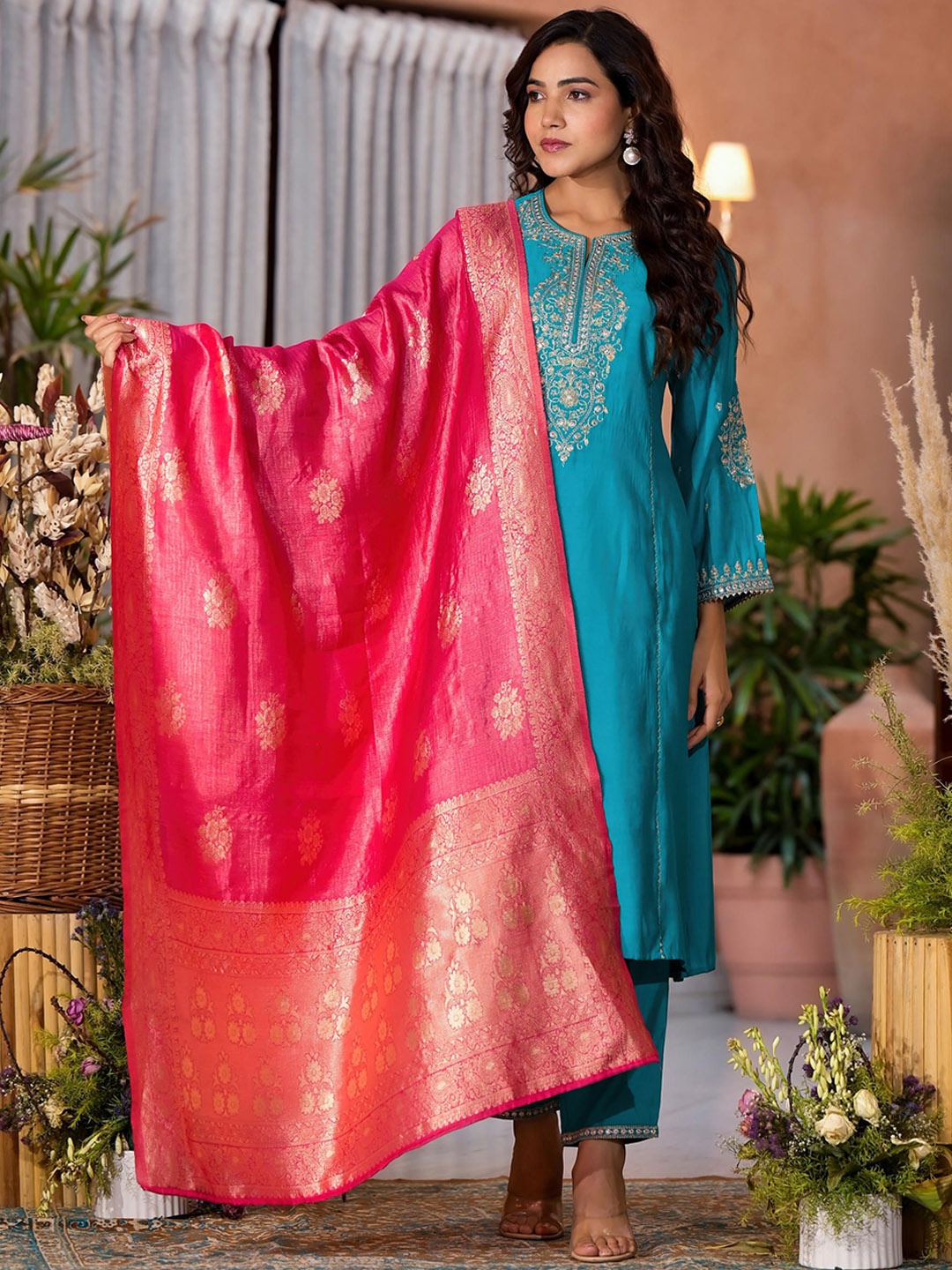 Juniper Floral Embroidered Round Neck A-Line Kurta With Trousers & Dupatta, Turquoise blue
Juniper Floral Embroidered Round Neck A-Line Kurta With Trousers & Dupatta, Turquoise blue