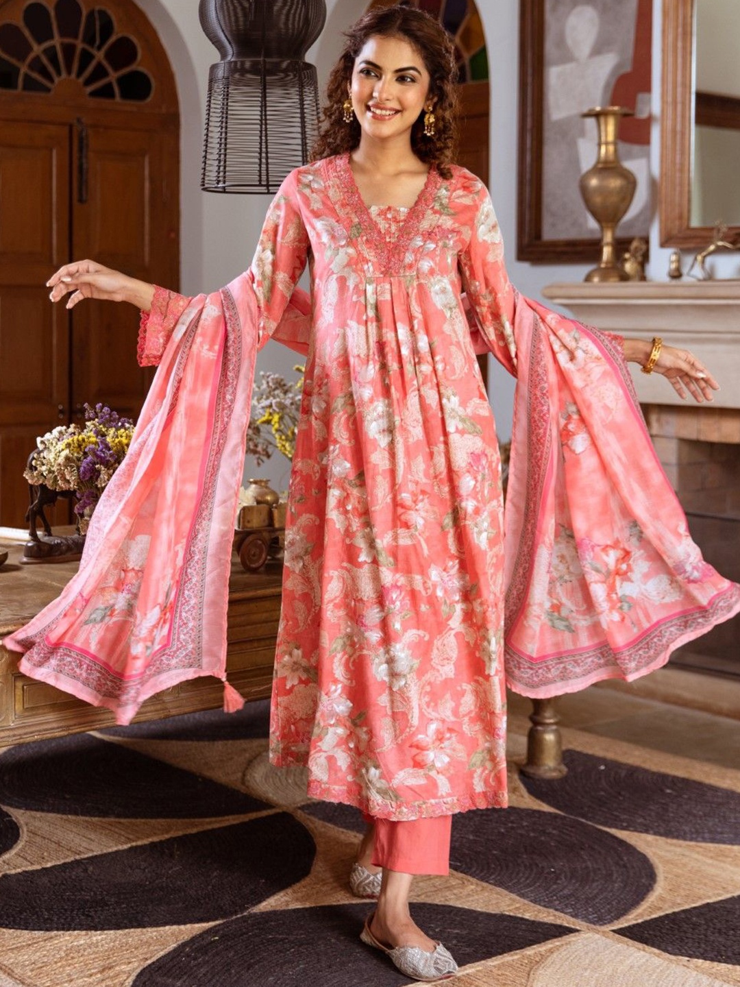 AUTUMN LANE Floral Printed Pure Cotton Anarkali Kurta With Trousers & Dupatta, Orange
AUTUMN LANE Floral Printed Pure Cotton Anarkali Kurta With Trousers & Dupatta, Orange