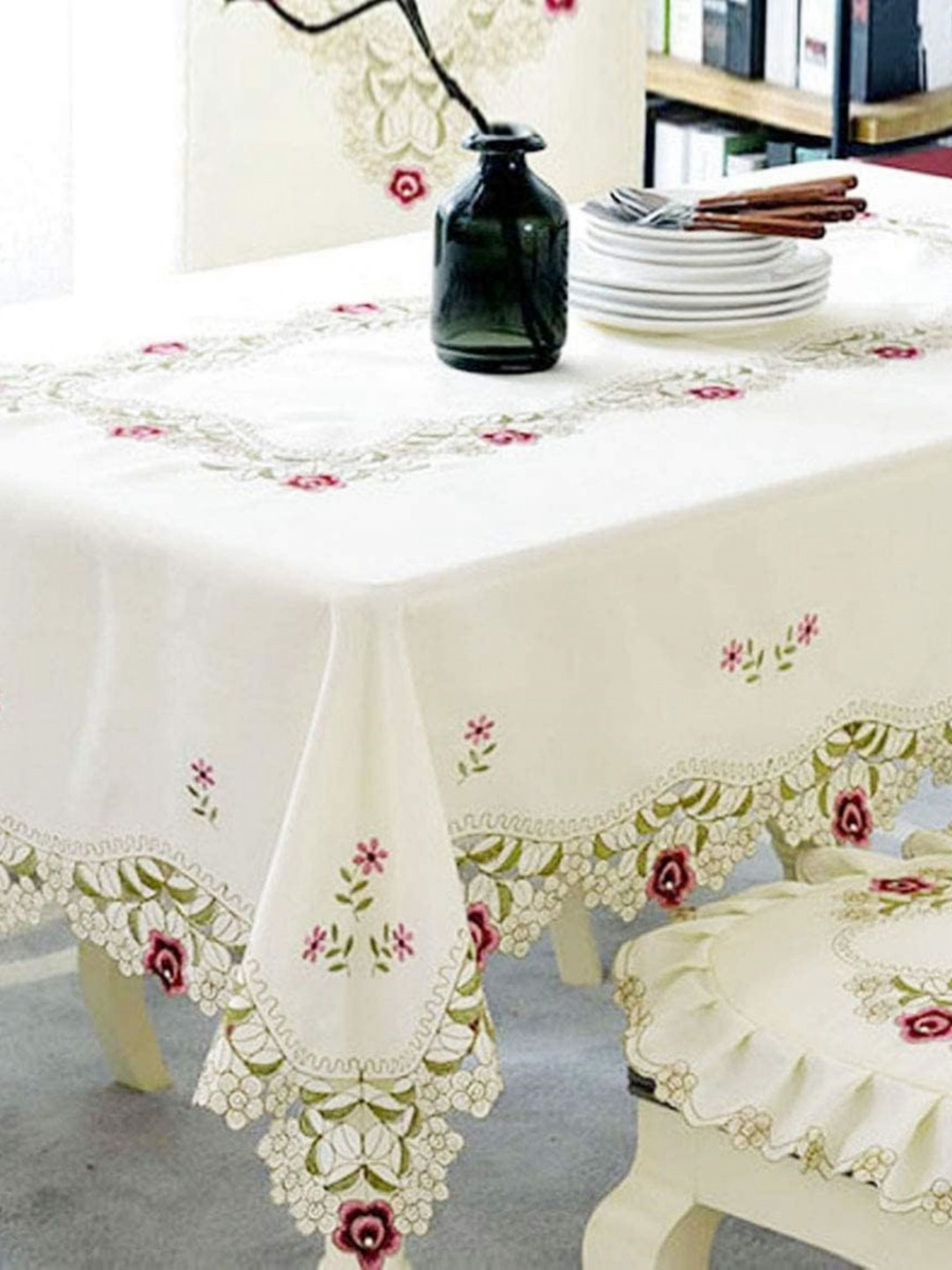 MONKDECOR Cream-Coloured & Red Floral 6-Seater Satin Table Cover with Embroidered details
MONKDECOR Cream-Coloured & Red Floral 6-Seater Satin Table Cover with Embroidered details