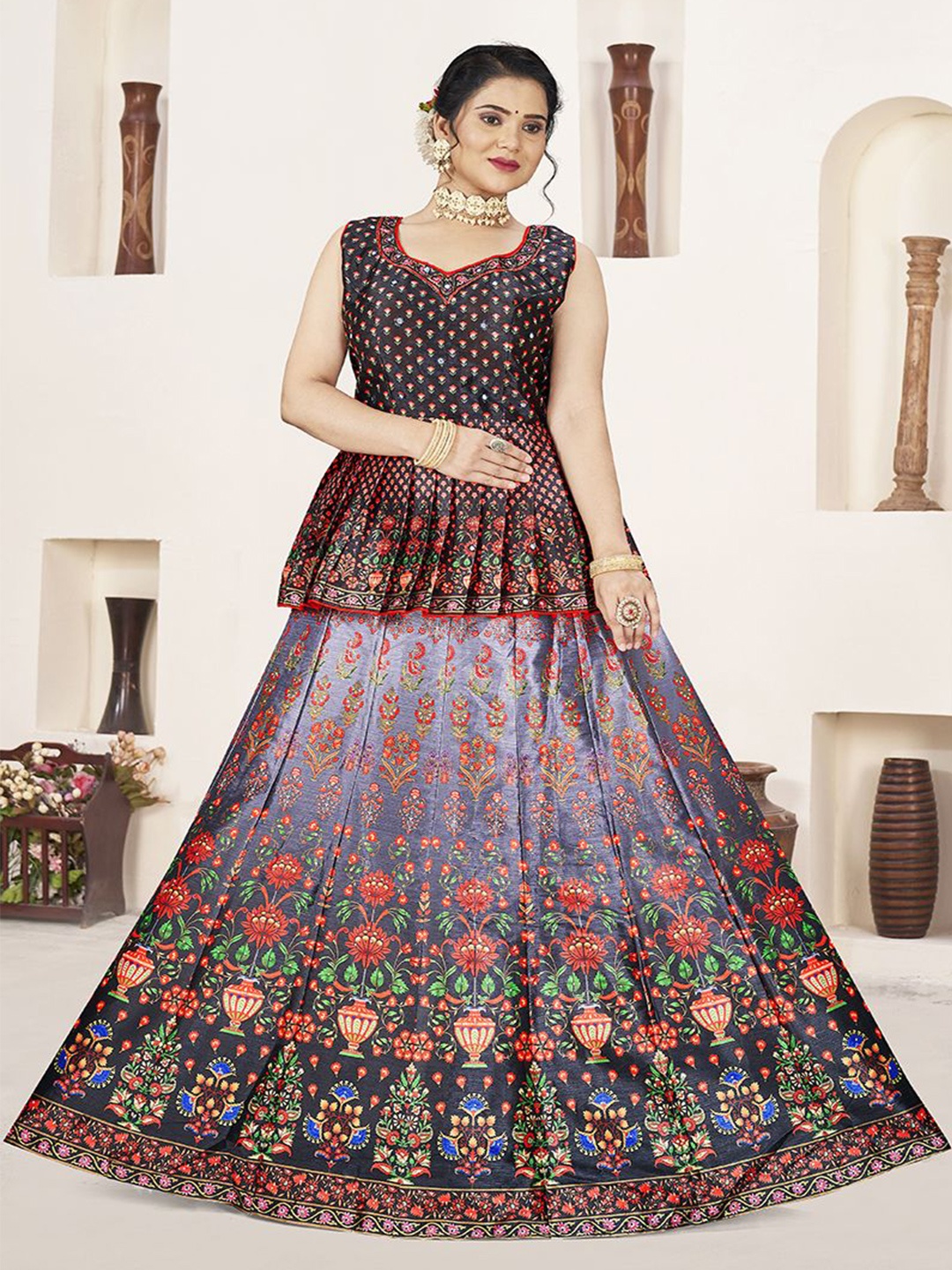 Krimmple Printed Beads and Stones Ready to Wear Lehenga & Blouse With Dupatta, Black
Krimmple Printed Beads and Stones Ready to Wear Lehenga & Blouse With Dupatta, Black
