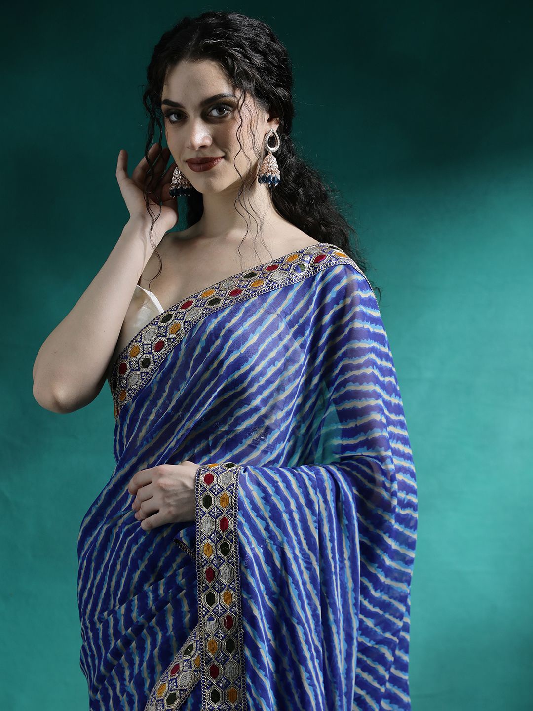 Sangria Laheriya Printed With Embroidered Border Saree With Unstitched Blouse Piece, Blue
Sangria Laheriya Printed With Embroidered Border Saree With Unstitched Blouse Piece, Blue