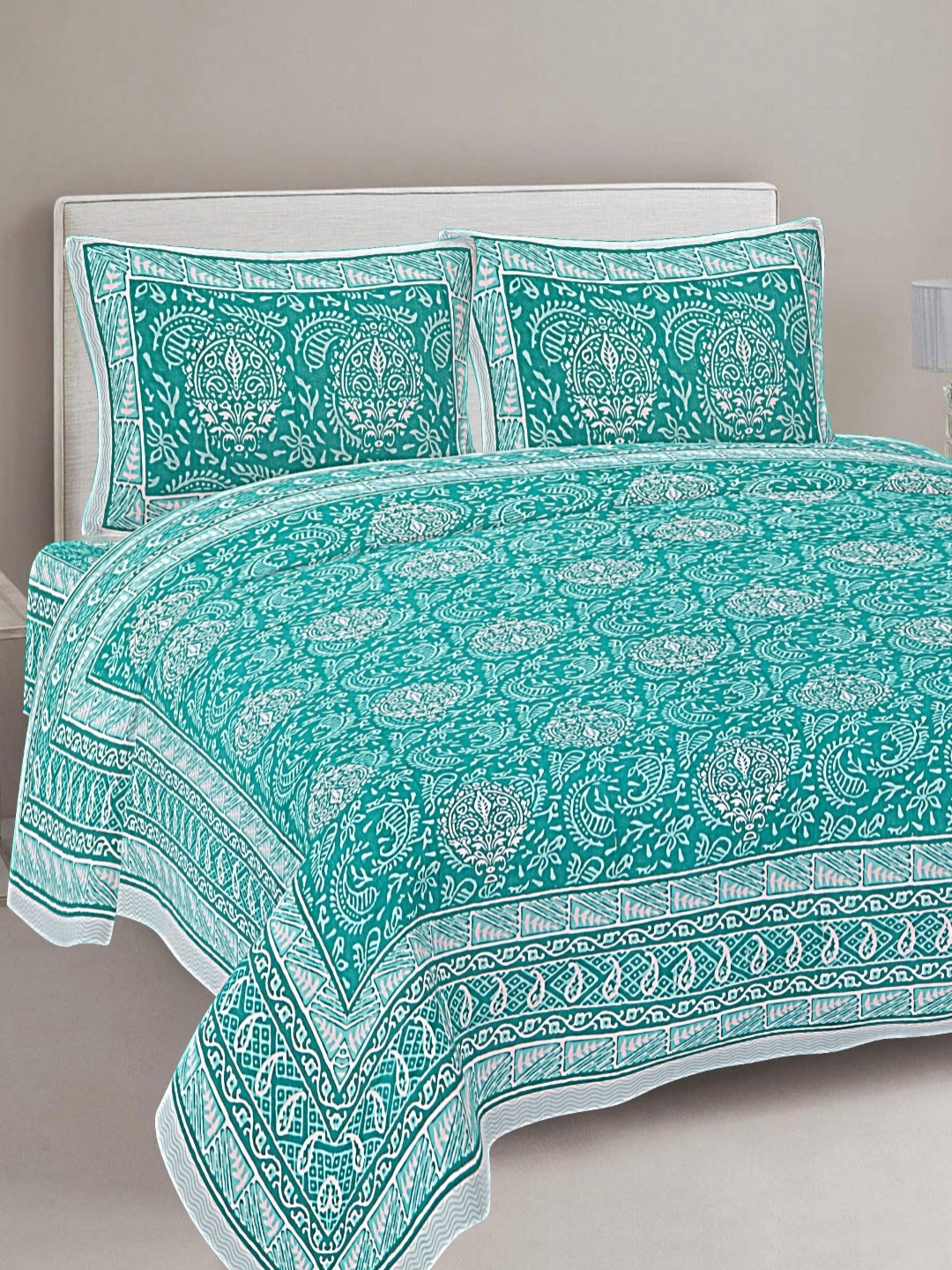 FrionKandy Living Turquoise Blue Printed Cotton 180 TC King Bedsheet With 2 Pillow Covers
FrionKandy Living Turquoise Blue Printed Cotton 180 TC King Bedsheet With 2 Pillow Covers