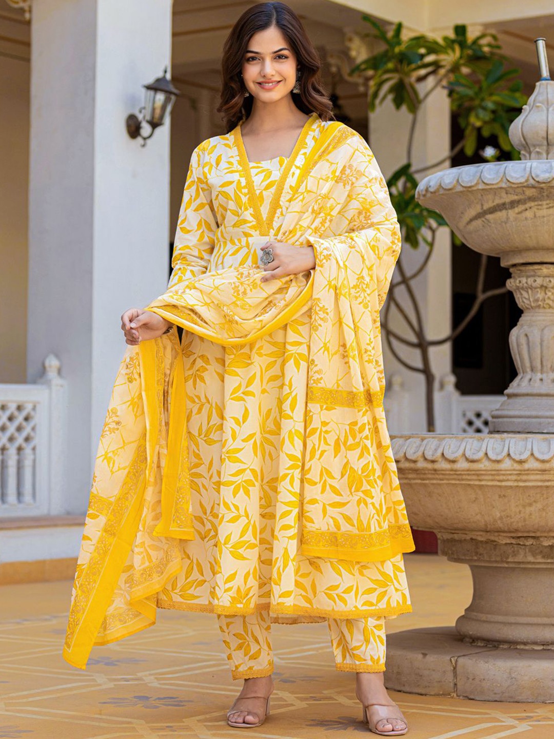 KALINI Floral Printed Gotta Patti Pure Cotton Anarkali Kurta With Trousers & Dupatta, Yellow
KALINI Floral Printed Gotta Patti Pure Cotton Anarkali Kurta With Trousers & Dupatta, Yellow