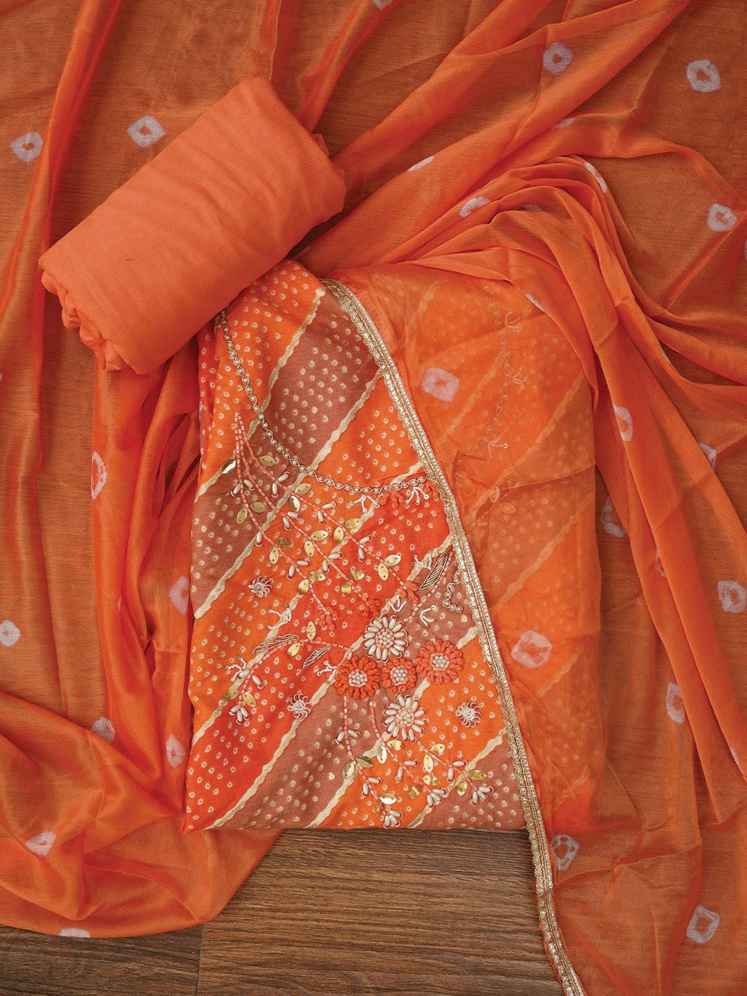 Jaipur Kurti Unstitched Cotton Bandhani Printed Dress Material With Dupatta, Orange 
Jaipur Kurti Unstitched Cotton Bandhani Printed Dress Material With Dupatta, Orange