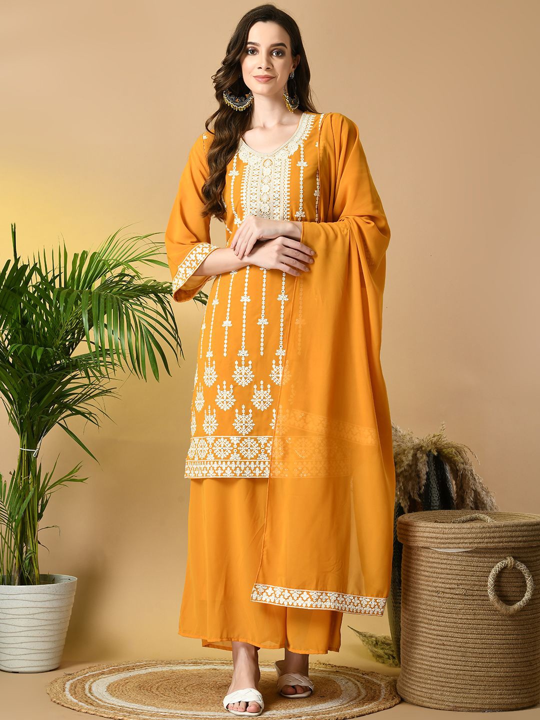 Sangria Floral Embroidered Thread Work Straight Kurta & Palazzos With Dupatta, Mustard
Sangria Floral Embroidered Thread Work Straight Kurta & Palazzos With Dupatta, Mustard
