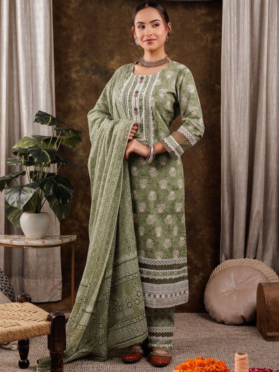 Yufta Women Ethnic Motifs Printed Pure Cotton Lace Kurta With Trousers & Dupatta, Green
Yufta Women Ethnic Motifs Printed Pure Cotton Lace Kurta With Trousers & Dupatta, Green