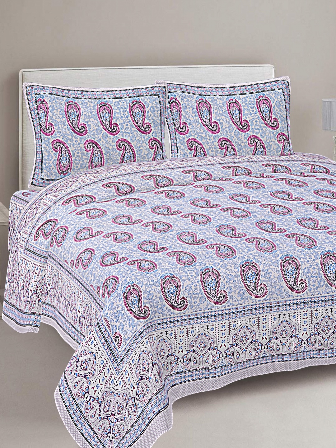 FrionKandy Living Purple & White Printed Cotton 180 TC King Bedsheet With 2 Pillow Covers
FrionKandy Living Purple & White Printed Cotton 180 TC King Bedsheet With 2 Pillow Covers