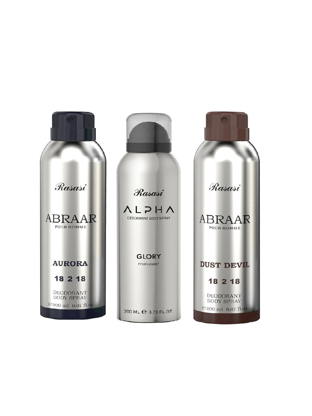 Rasasi Set Of 3 Abraar Aurora, Dust Devil & Alpha Glory Deodorant Spray- 200ml Each, Silver
Rasasi Set Of 3 Abraar Aurora, Dust Devil & Alpha Glory Deodorant Spray- 200ml Each, Silver